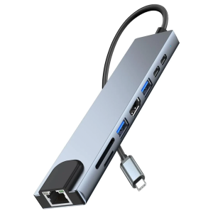 Adaptador Hub Meidou 8 en 1 Md-h009 Tipo C Usb Rj45 Hdmi Tf Gris